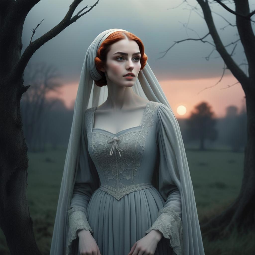 Young Woman in Vintage Gown in Twilight Forest