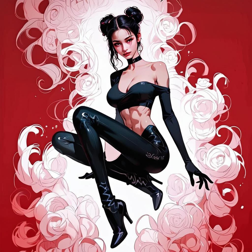 Confident Woman in Black Latex Against Red Background