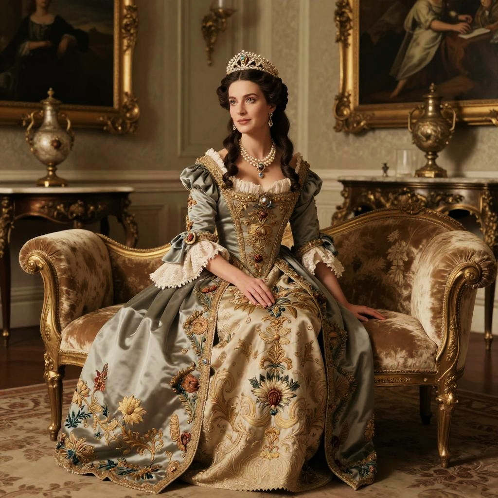 Elegant Woman in 18th Century Rococo Gown Sitting on Vintage Sofa