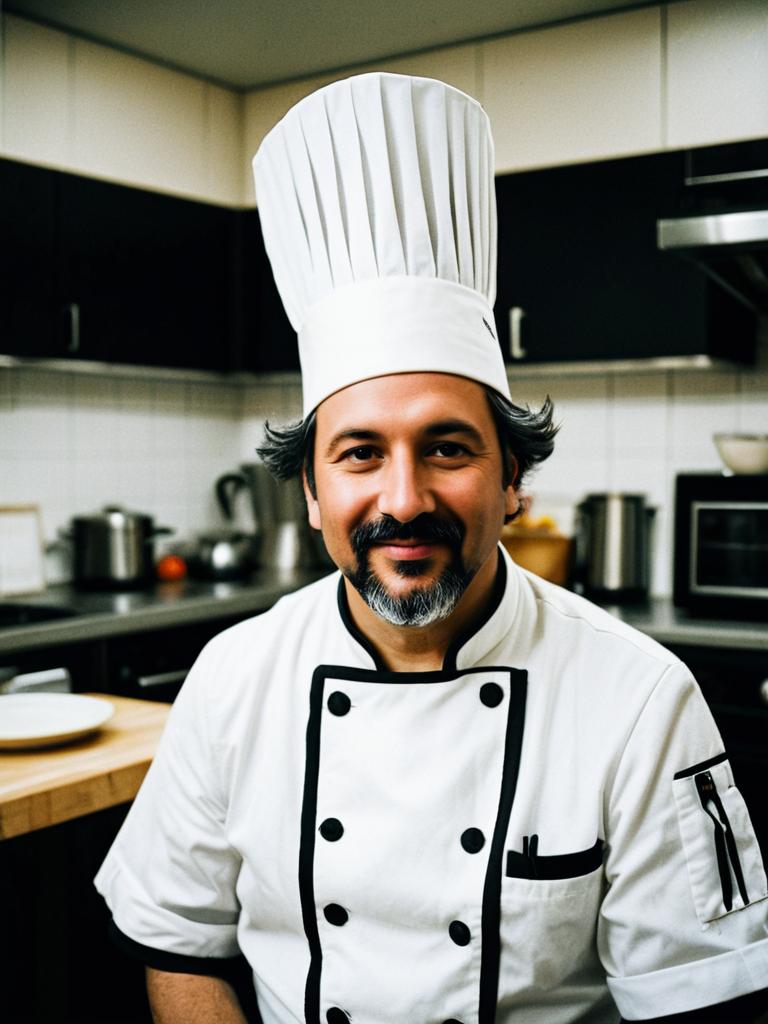 Man in Chef Costume Candid Portrait in Professional Kitchen