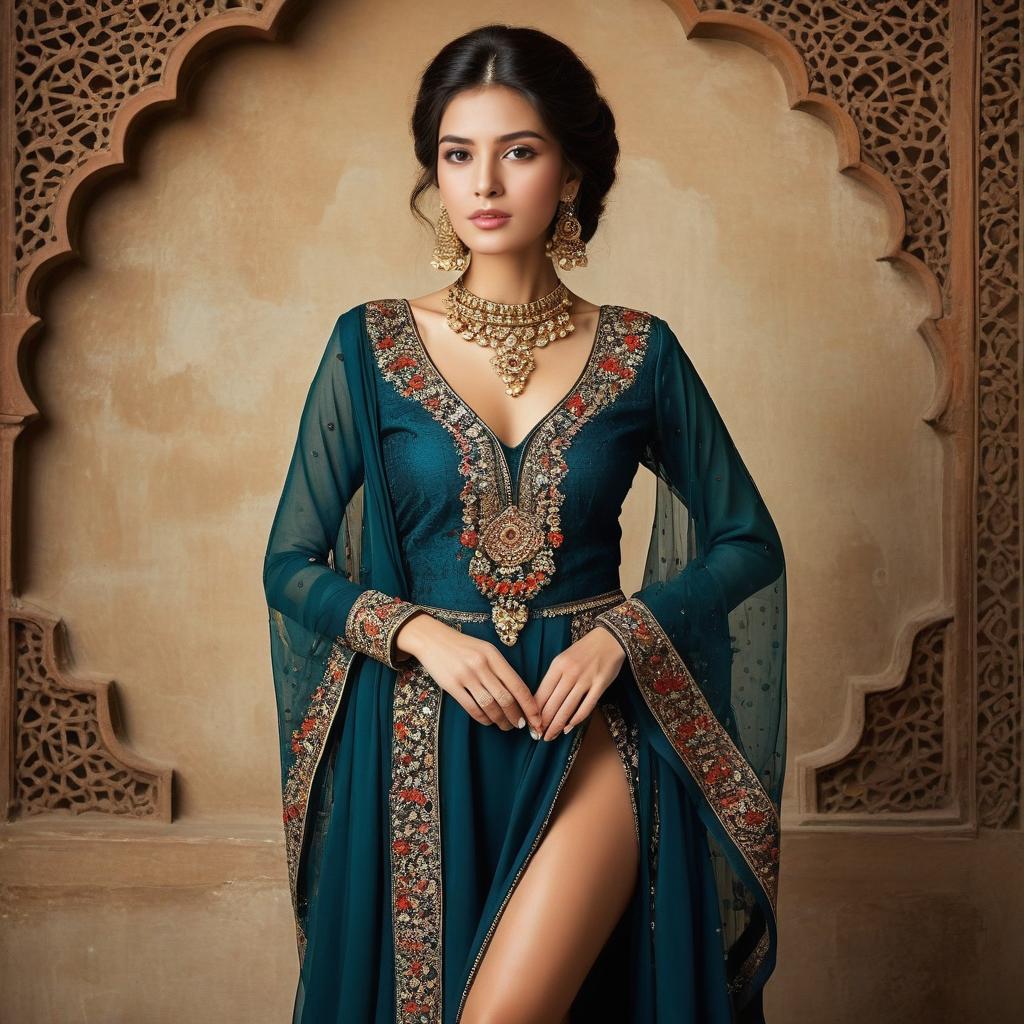 Elegant Woman in Teal Traditional Outfit with Gold Jewelry
