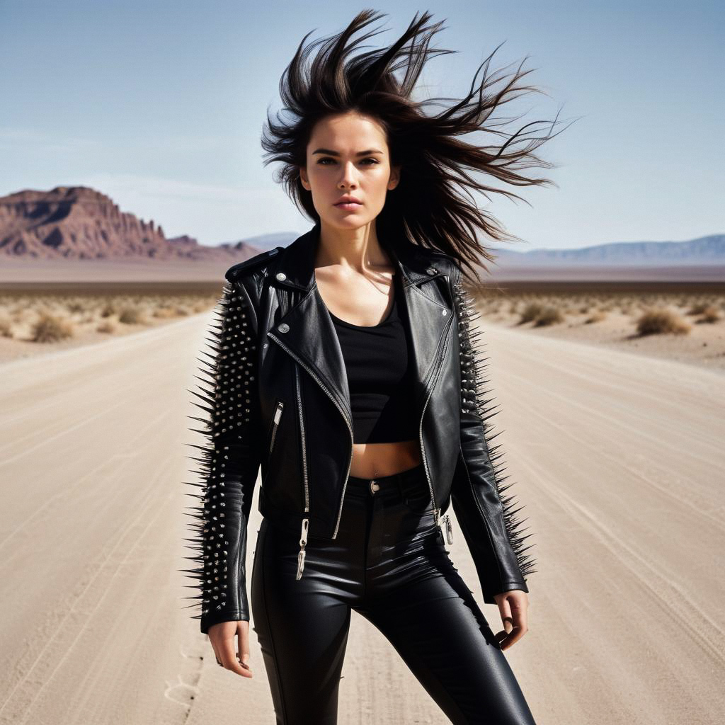 Confident Woman in Leather Jacket on Desert Road Confident Woman in Leather Jacket on Desert Road