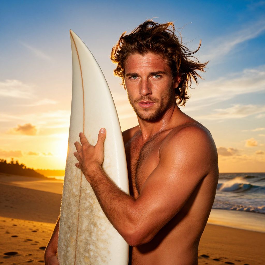 Surfer Man Holding Surfboard on Sunset Beach