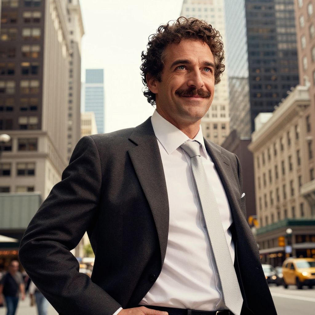 Confident Businessman in Black Suit in Urban Cityscape