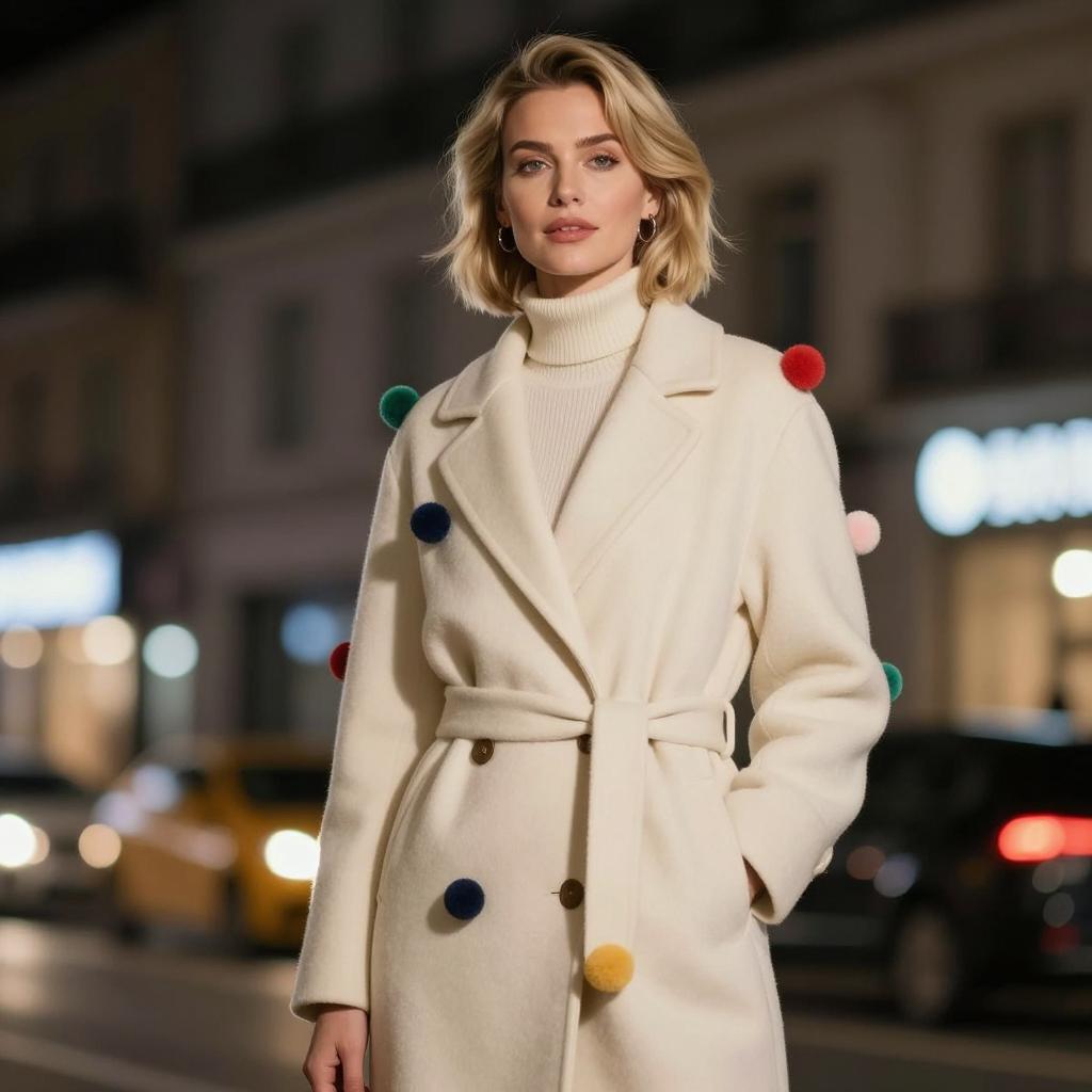 Woman in White Wool Coat with Colorful Pom-Poms in Urban Night Setting