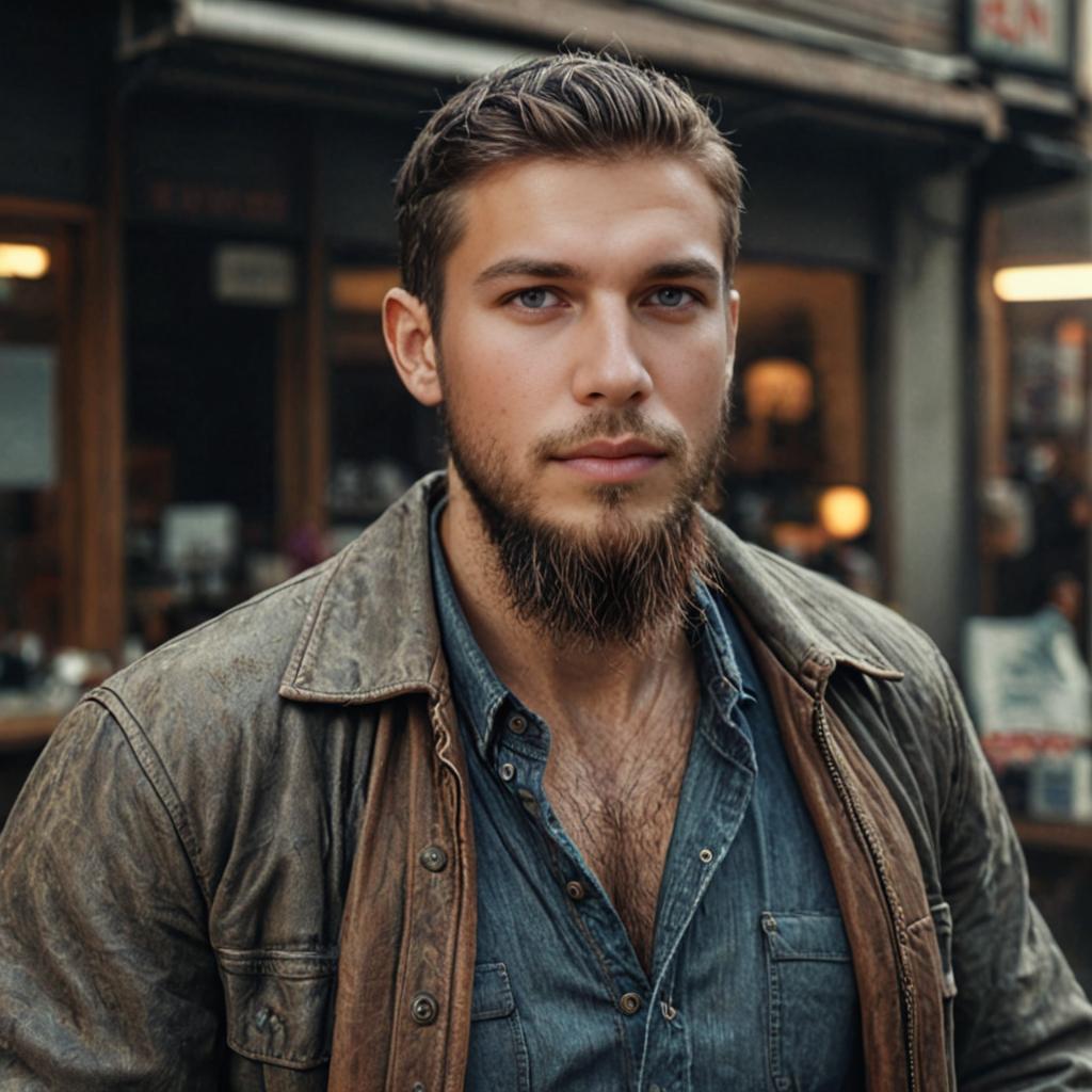 Confident Man in Denim Shirt at Vintage Store