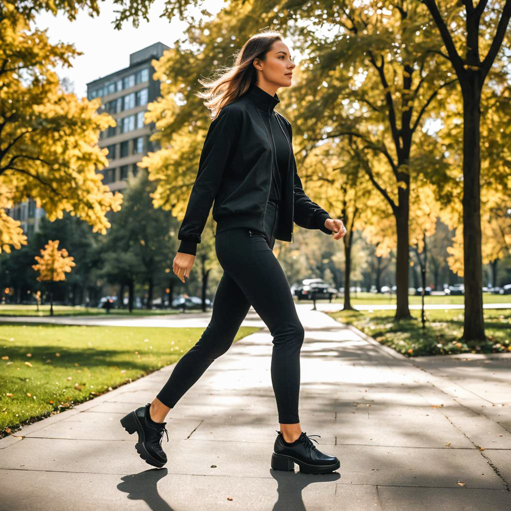 Woman in Black Outfit Walking Through Autumn Park