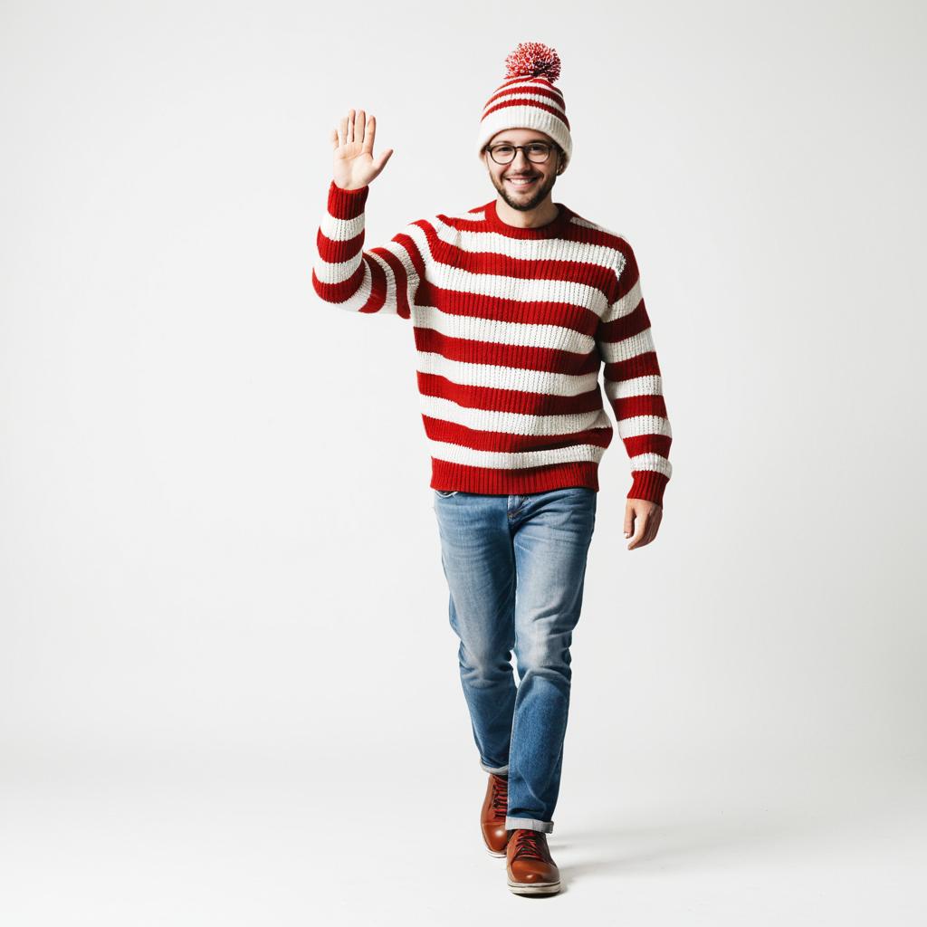 Smiling Man in Classic Red and White Waldo Costume with Beanie