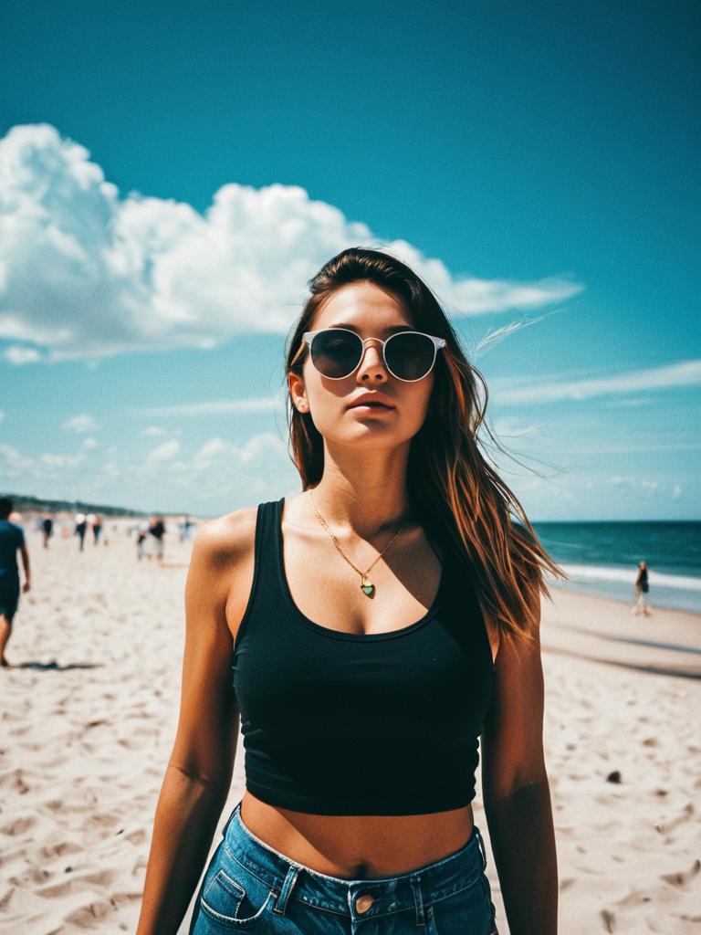 Confident Woman Wearing Sunglasses on Sunny Beach with Blue Sky