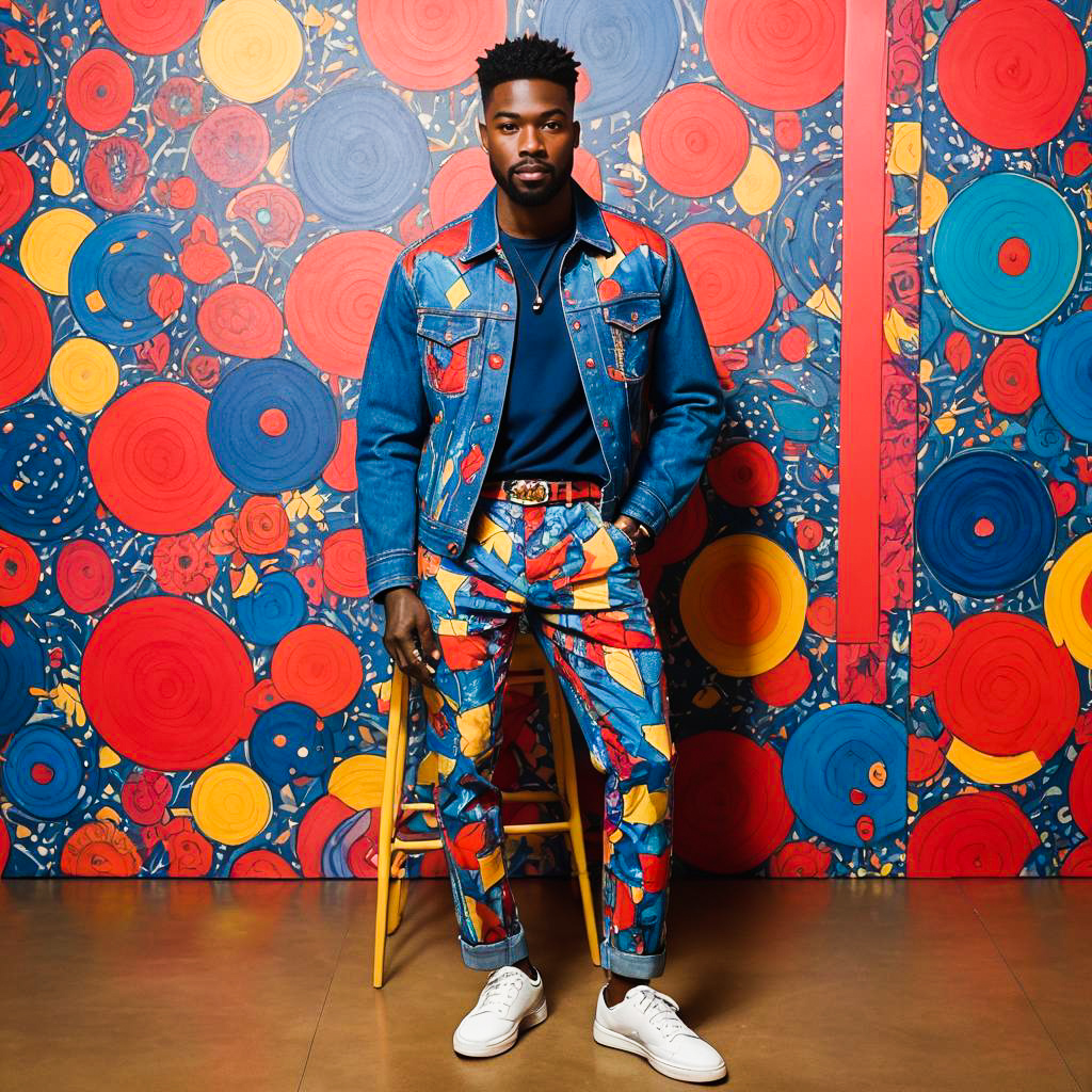 Stylish Man in Colorful Denim Against Vibrant Backdrop