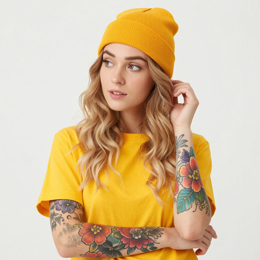 Young Woman in Yellow Beanie and T-Shirt with Colorful Floral Tattoos