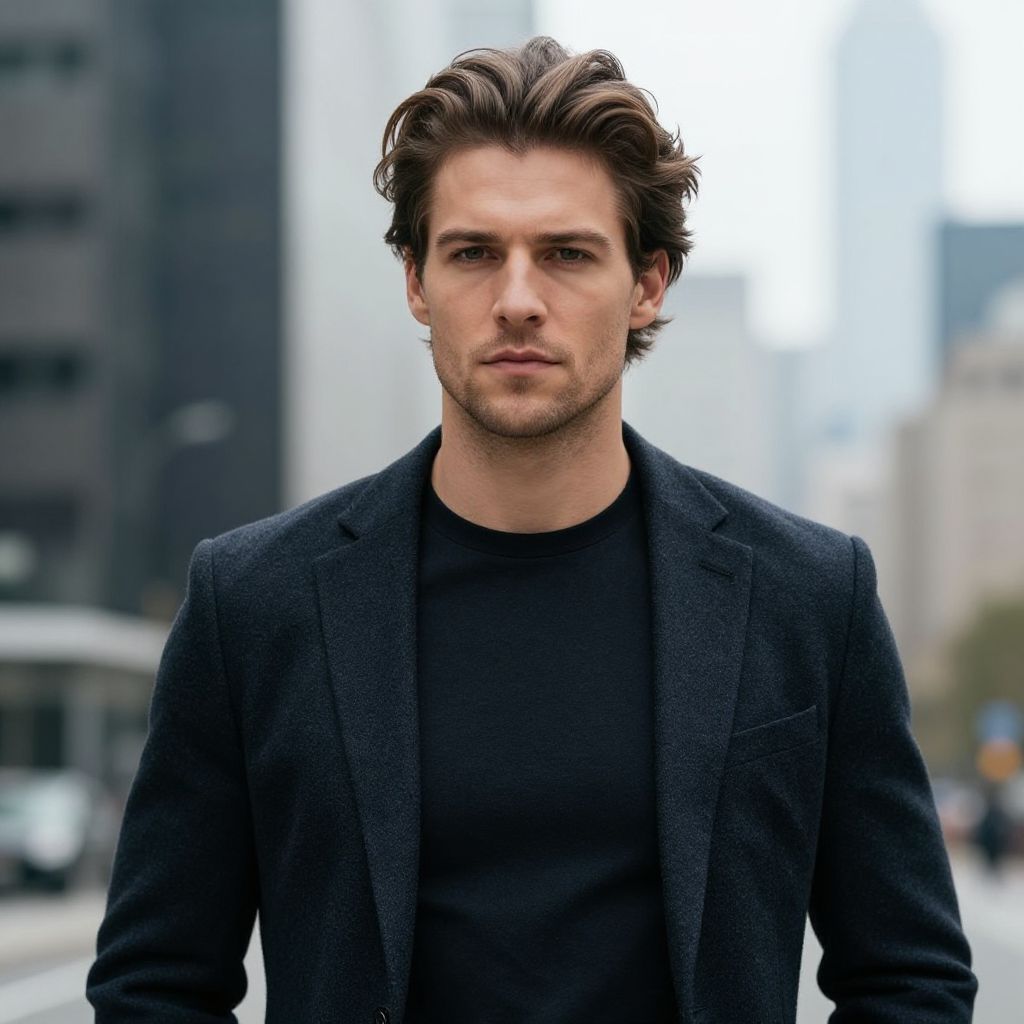 Confident Young Man in Stylish Dark Blazer Urban Portrait