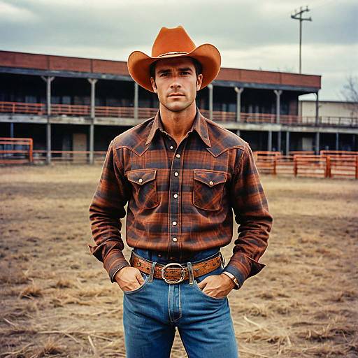 Man in Classic Cowboy Attire on Ranch Background