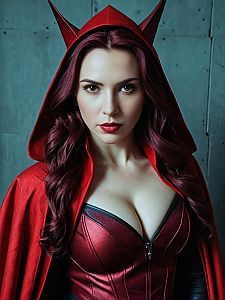 Woman in Scarlet Witch Movie Costume with Red Hooded Cape