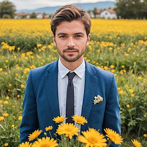 Young man in blue suit in yellow flower field