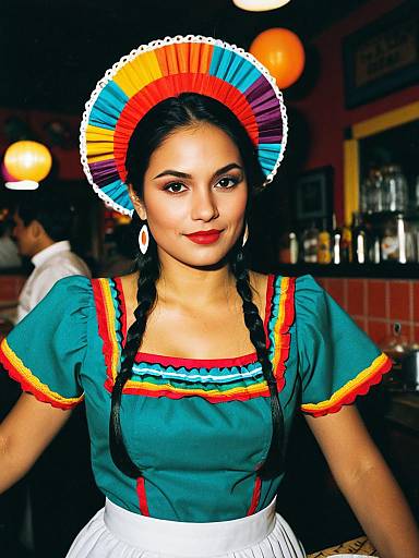 Mexican Woman in Traditional Waitress Costume with Colorful Headdress in Festive Bar
