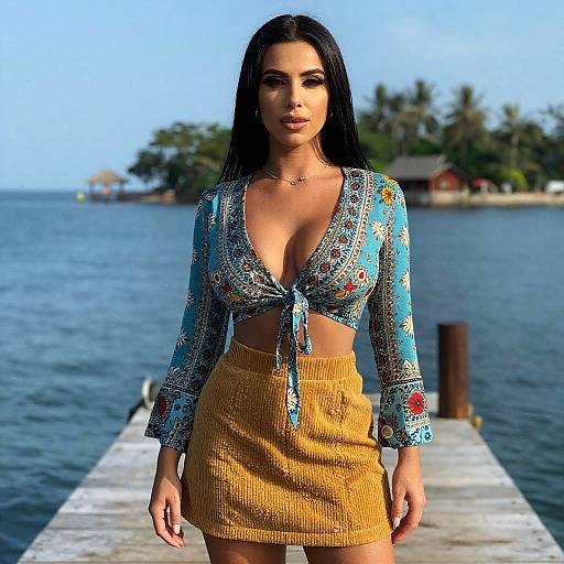 Woman Wearing Bohemian Wrap Blouse and Corduroy Skirt by the Water in Cinecolor Style