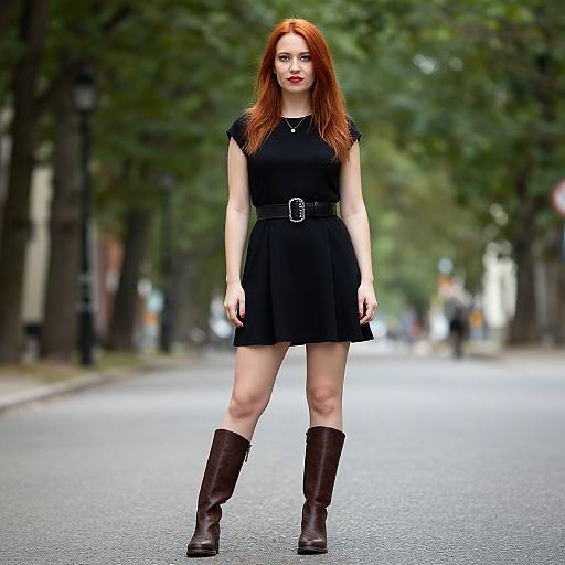 Red-haired Woman in Black Dress and Brown Boots Standing on Tree-lined Street