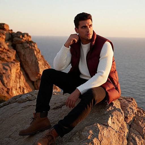 Man Sitting on Rocky Cliff at Sunset Wearing Autumn Outfit by the Sea