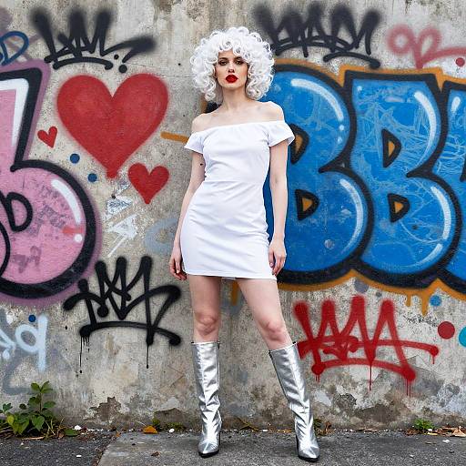 Fashion-forward Woman in White Dress and Silver Boots Against Graffiti Wall