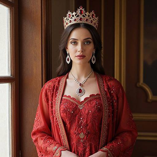 Elegant Woman in Red Royal Embroidered Gown with Jeweled Crown