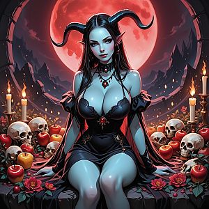 Blue-Skinned Woman in Gothic Fantasy Setting