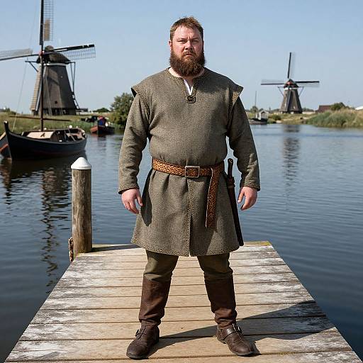 Medieval Man in Historical Costume by Dutch Windmills on Canal Dock