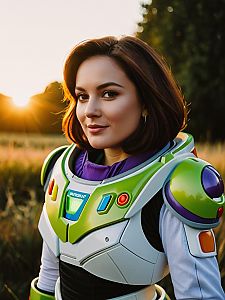 Photorealistic Woman Wearing Buzz Lightyear Costume Outdoor Portrait