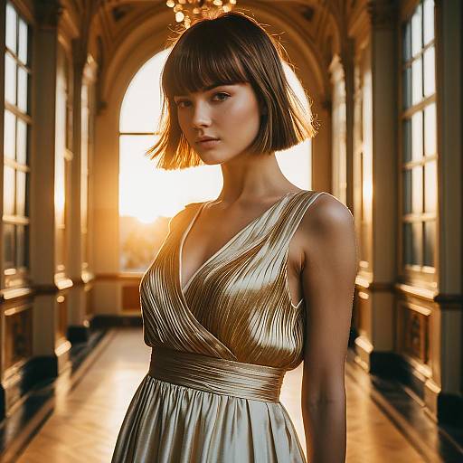 Elegant Woman in Gold Dress in Ornate Sunlit Hallway