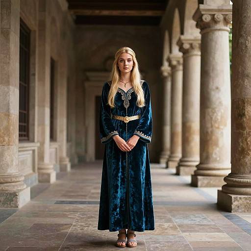 Young Woman in Medieval Velvet Dress Standing in Historic Stone Corridor