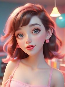 Stylized Young Woman with Blue Eyes and Pink Hair