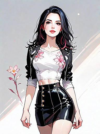 Stylish Anime Woman in Floral Crop Top and Glossy Black Skirt Illustration
