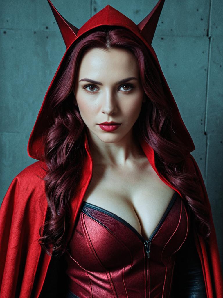 Woman in Scarlet Witch Movie Costume with Red Hooded Cape