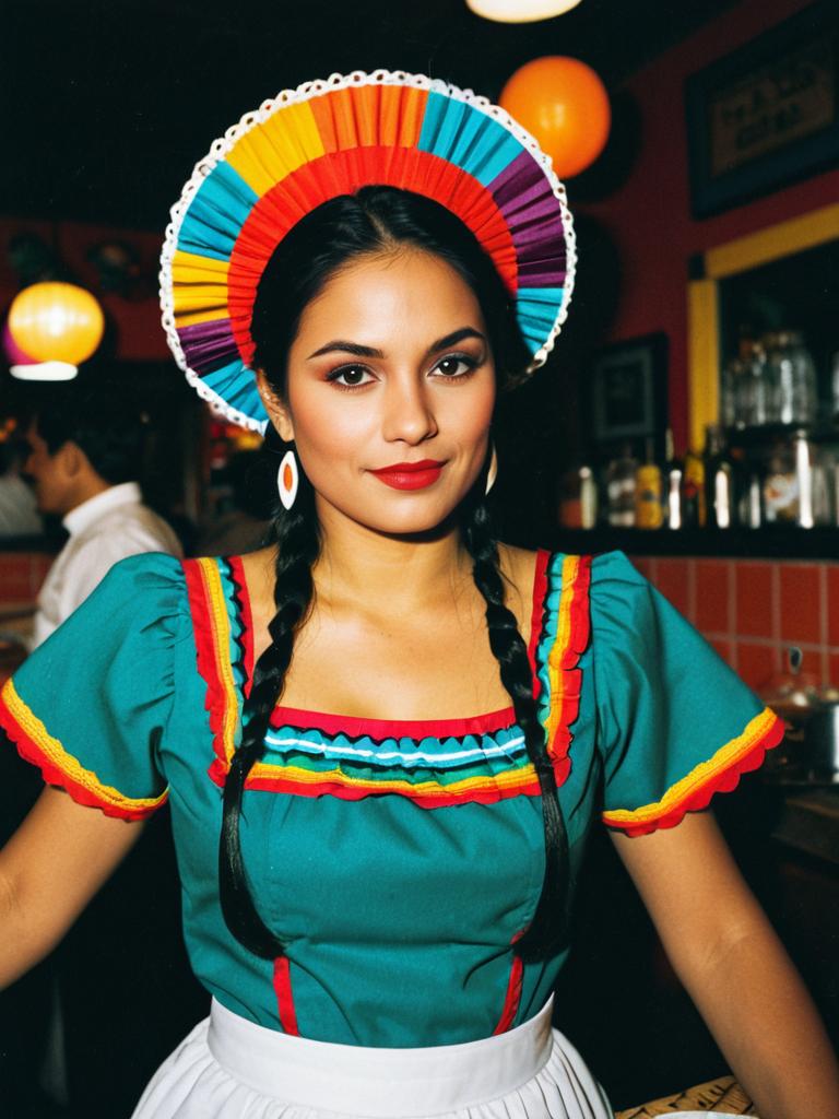 Mexican Woman in Traditional Waitress Costume with Colorful Headdress in Festive Bar