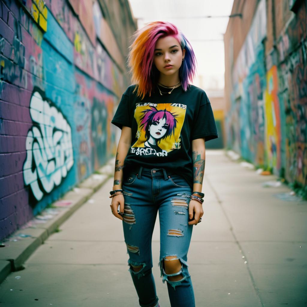 Young Woman with Colorful Hair in Urban Graffiti Scene