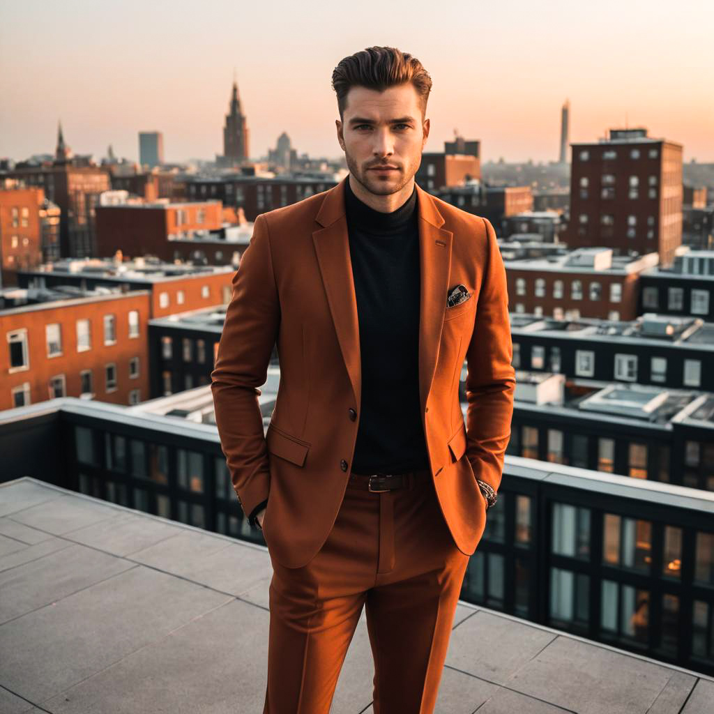 Stylish Man in Orange Suit on Rooftop at Sunset