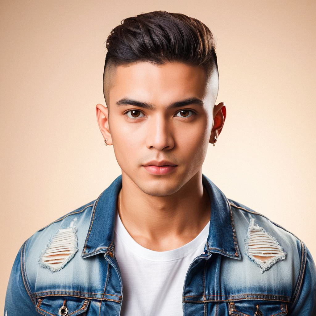 Young Man with Undercut Hairstyle in Denim Jacket