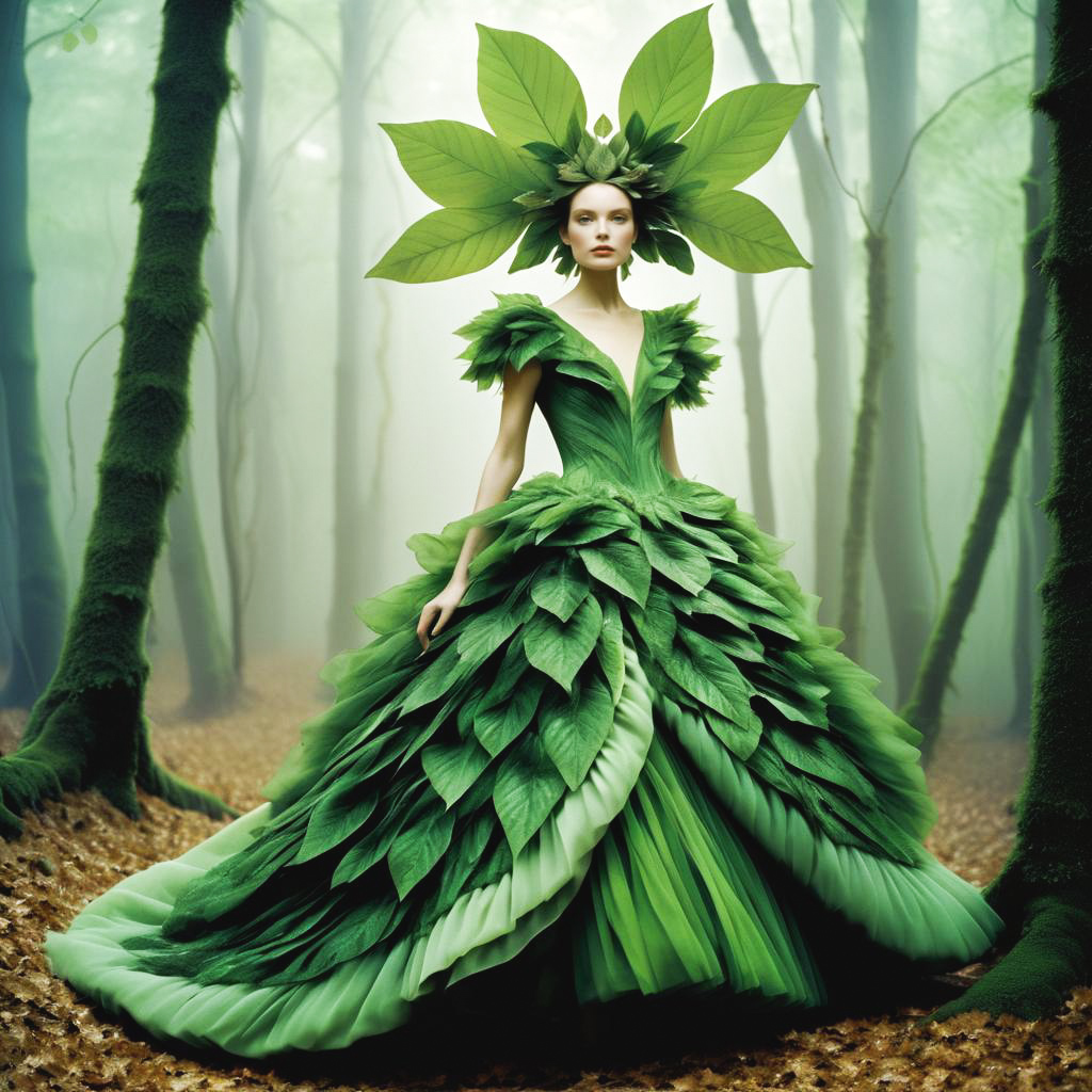 Surreal Woman in Leaf Gown in Enchanted Forest