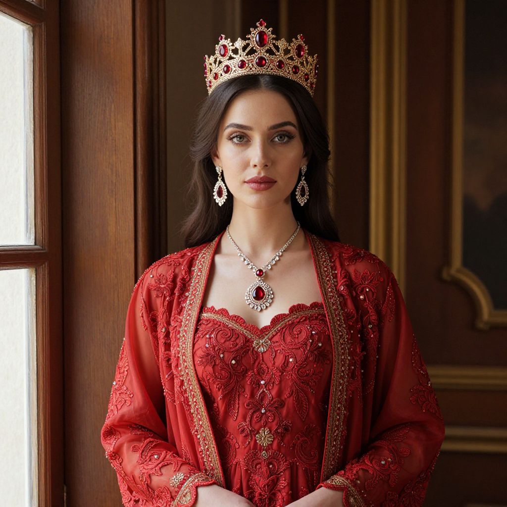 Elegant Woman in Red Royal Embroidered Gown with Jeweled Crown