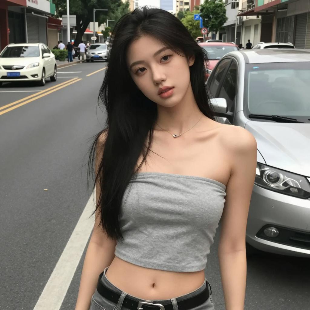 Trendy Young Woman in Grey Crop Top on Urban Street