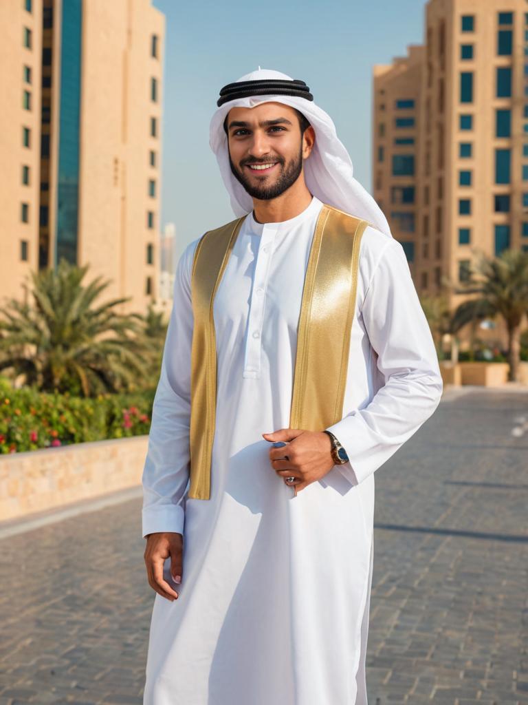 Smiling Arab Man in Traditional Emirati Attire with Urban Backdrop