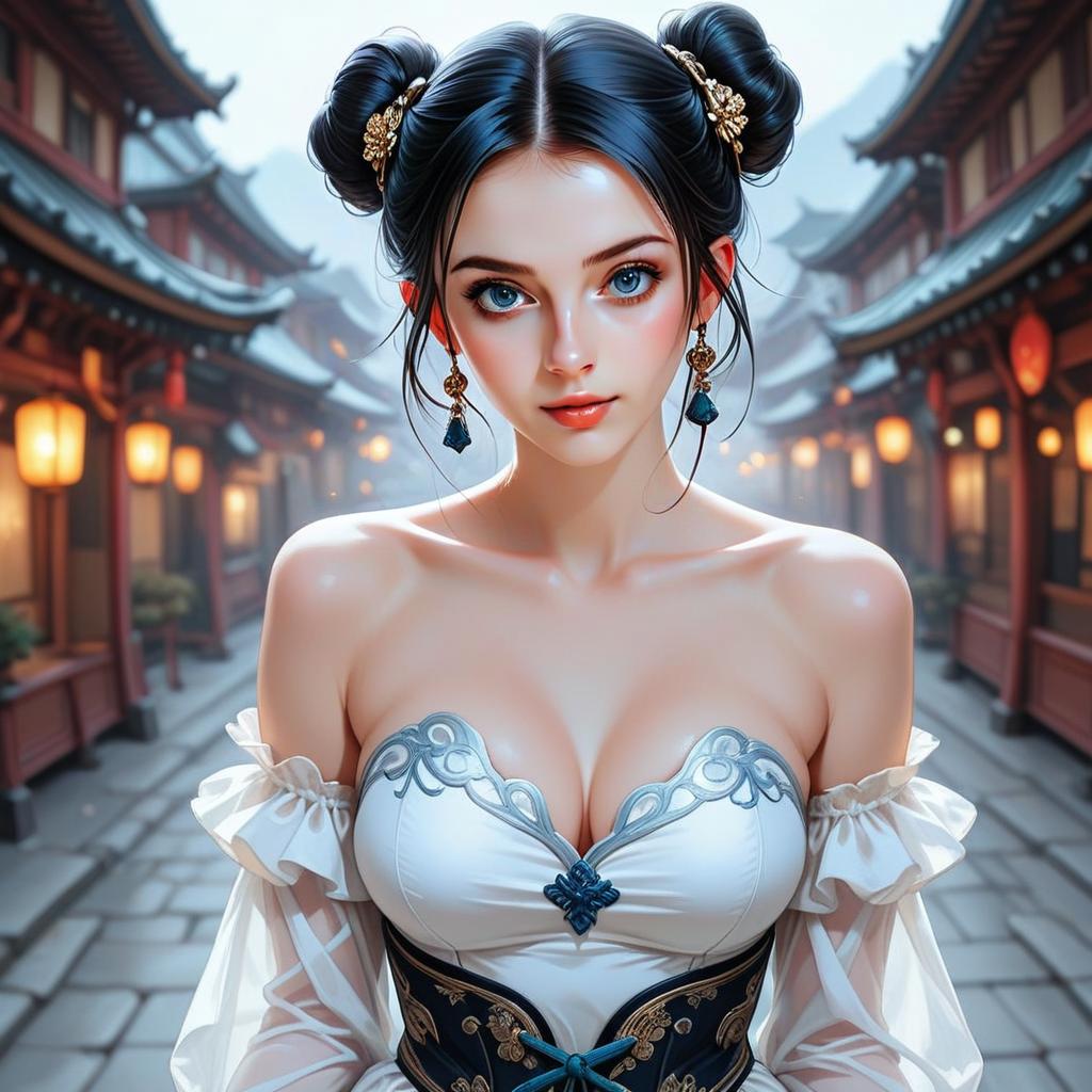 Portrait of a Young Woman with Blue Eyes and Elegant Hairstyle