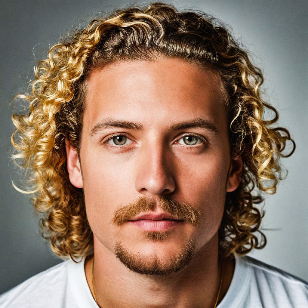Close-up portrait of a young man with curly blonde hair Close-up portrait of a young man with curly blonde hair