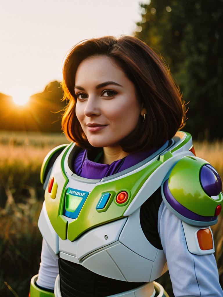 Photorealistic Woman Wearing Buzz Lightyear Costume Outdoor Portrait