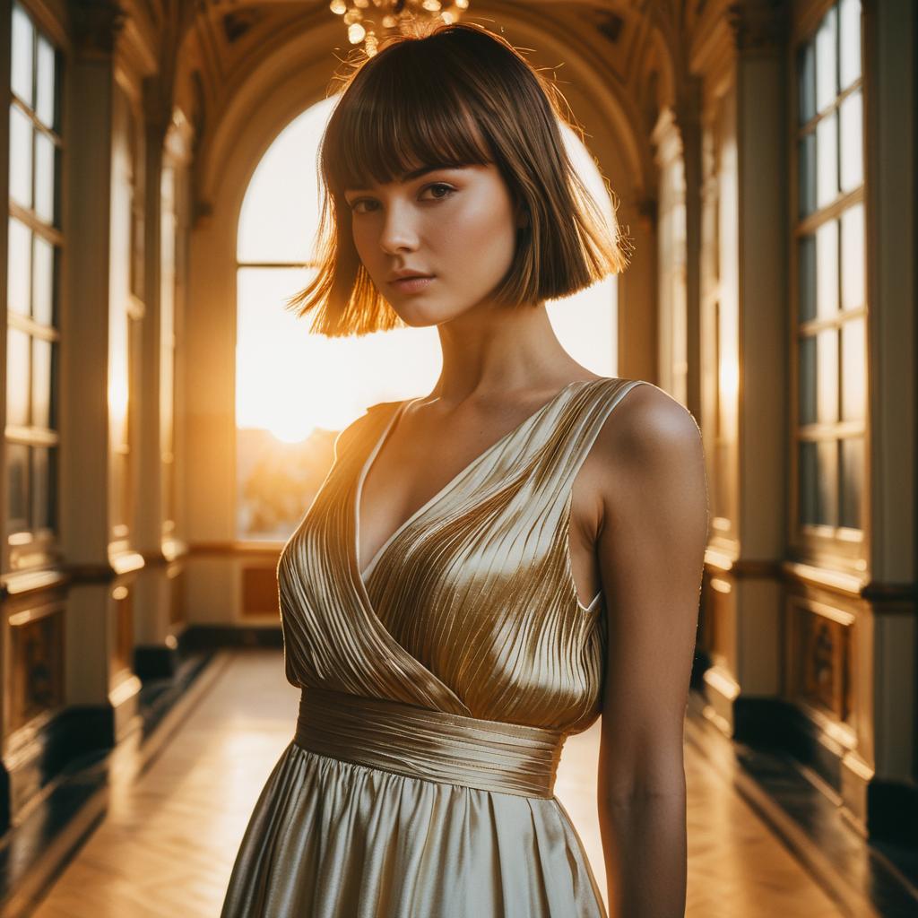 Elegant Woman in Gold Dress in Ornate Sunlit Hallway