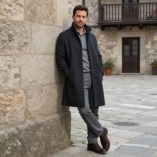 Stylish Man in Dark Overcoat and Grey Outfit Leaning on Stone Wall