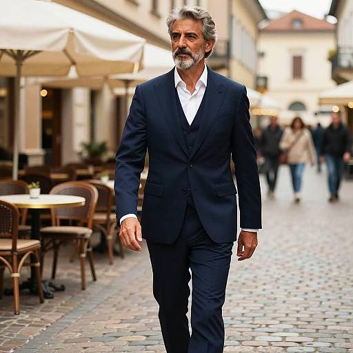 Confident Older Man Walking in Navy Blue Suit on European Street