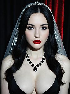 Glamorous Woman in Black Dress with Jeweled Tiara and Statement Necklace