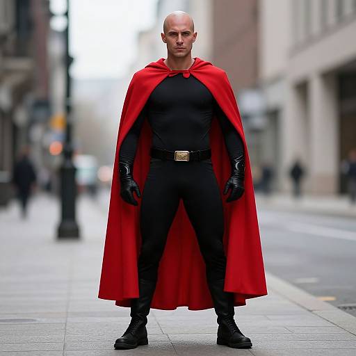 Bald Man in Red Cape Superhero Costume on City Street