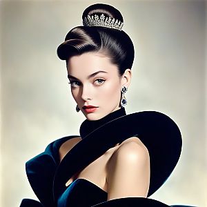 Elegant Woman in Black Dress with Tiara and Sapphire Earrings
